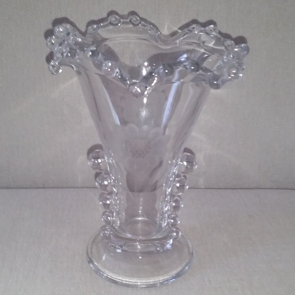 Vintage W.J. Hughes Cornflower candlewick etched vase EUC